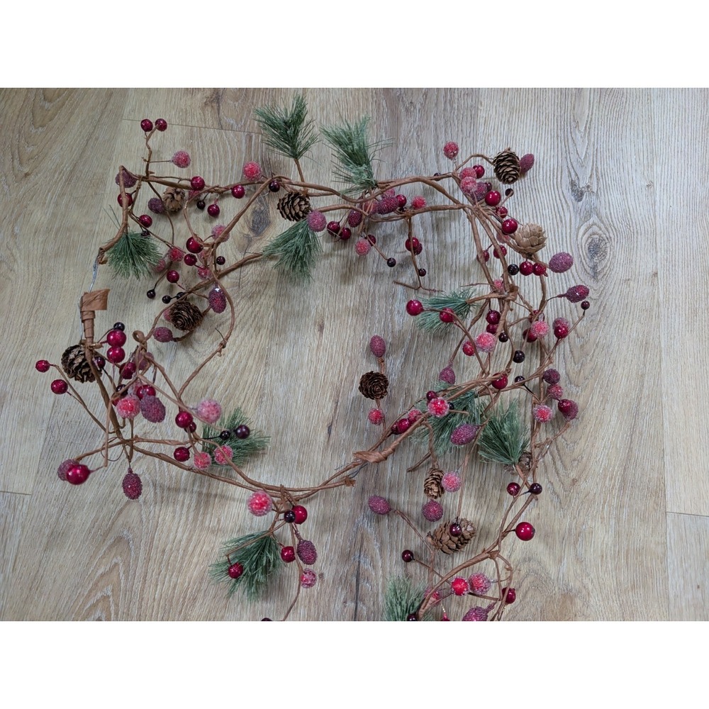 Set Of 2, 5ft Winter Garland of Red Berries, Pine Cones, & Green